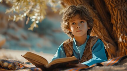 A young boy reading a book under a tree, embodying curiosity and the joy of storytelling in a tranquil outdoor setting.