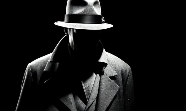 Silhouette of a person in a fedora and trench coat, shrouded in shadows against a dark background, a study in film noir style