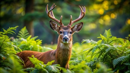 Fototapeta premium Majestic Buck Deer in Verdant Forest Habitat, Observing Its Surroundings with Alertness and Grace