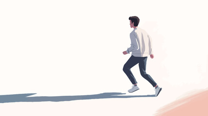 Obraz premium stylized vector illustration depicting a young man running from left to right against a clean white background. The figure is rendered in a minimalist style with soft blue-grey tones.