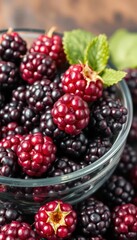 Deep purple blackberries overflowing a clear glass bowl, organic, table, macro