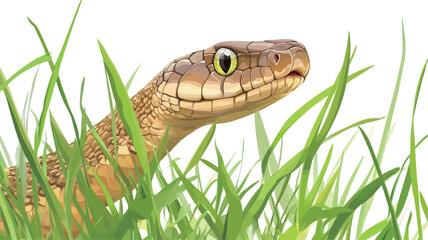 Close-up of a snake's head and upper body emerging from lush green grass. This photo has a shallow depth of field, allowing the snake's subtle features to be clearly seen.