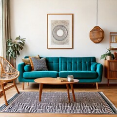 Mid-century modern living room with a teal sofa, wooden furniture, and geometric rug