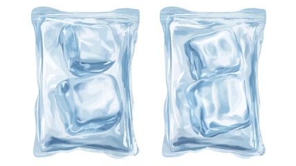 Obraz premium High-resolution digital illustration depicting two rectangular translucent ice packs, each containing two realistic ice cubes. The ice cubes appear highly translucent.