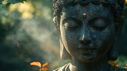 Obraz premium Buddha statue with eyes closed surrounded by green foliage and sunlight.