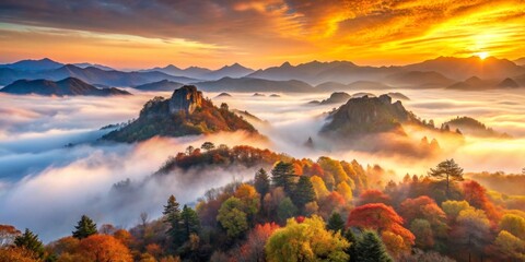 Naklejka premium Autumnal Mountain Majesty A Golden Sunrise Bathes Misty Peaks in Warm Light, Revealing Vibrant Foliage Below