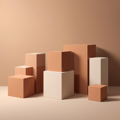 generative ai, Hyperrealistic 3D renderings of cube-shaped podiums of various sizes, neatly arranged in a minimalist studio setting. All podiums are in soft and subtle pastel colors such as pale pink,