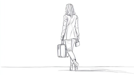 Woman walking with briefcase, simple outline illustration, business travel