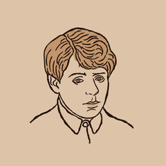 Writer poet's face, sitting at home, thoughtful with sadness in his eyes