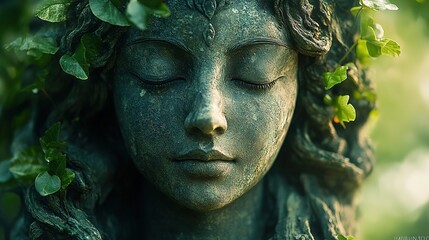 Fototapeta premium Stone statue of a woman with eyes closed surrounded by green foliage.