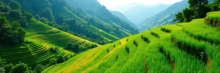 Obraz premium Sun-drenched emerald rice terraces cascading down hillside, farming, countryside, pattern
