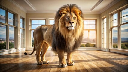 Majestic Lion in Sunlit Room with Hardwood Floors and Large Windows