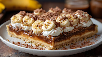 Banoffee pie with banana slices, toffee filling, and cream topping on white plate