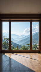 Serene mountain view through large window bright sunlight warms wood floor. AI Generated