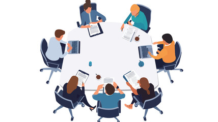 This image is a digitally rendered graphic illustration of an aerial view of eight people sitting around a round table. Each person is rendered in a stylized manner.