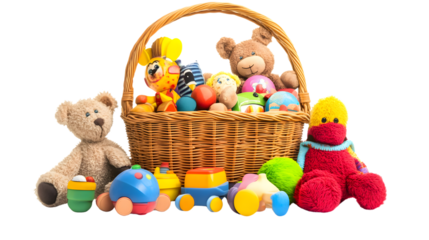 Colorful Children's Toys in Wicker Basket Isolated on White Background