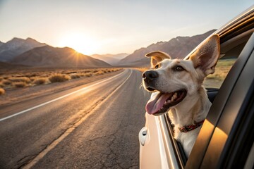 dog on the road in car 