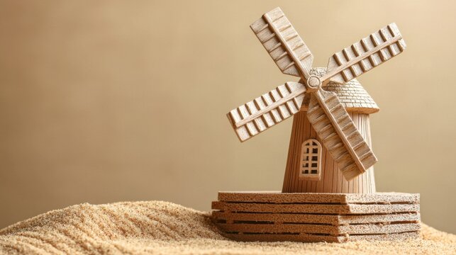 Small wooden windmill structure with detailed blades and tiny window on a textured surface against a neutral background, decorative miniature windmill model