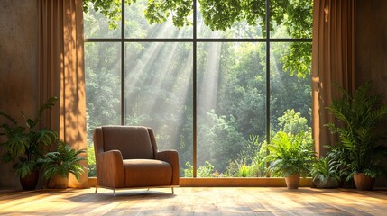 Obraz premium A modern red armchair complements the interior design of a peaceful room with tranquil home decor and relaxing comfortable furniture