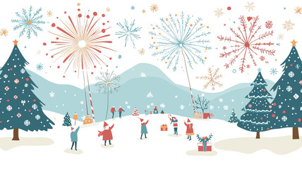 This painting depicts a winter night scene in a stylized way. The protagonists of the picture are colorful and vibrant fireworks, which explode against the soft blue night sky. Two decorations.