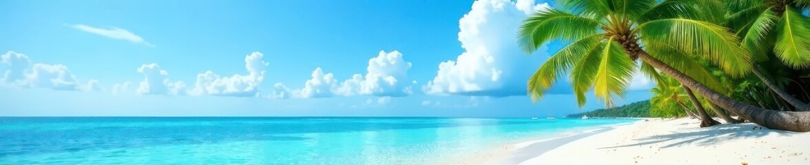 Fototapeta na wymiar Single palm, pristine beach, crystal water, cloudless sky, landscape, idyllic, coastal