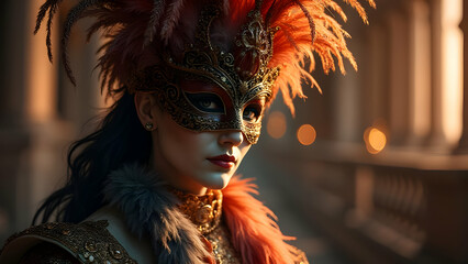 A woman in a red costume with a mask on