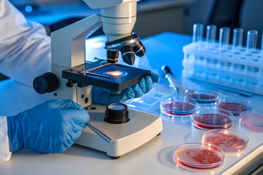 scientist in laboratory with microscope