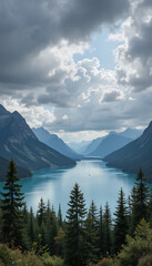Obraz premium Serene mountain lake view soft light illuminates tranquil scene. AI Generated