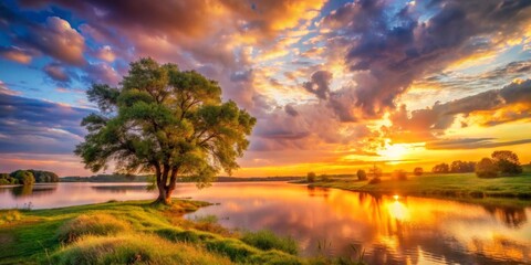 Serene Sunset Landscape Solitary Tree by a Calm Lake Reflecting Vibrant Sky Colors