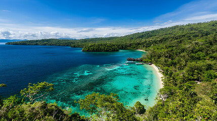 Obraz premium Tropical Island Bay With Turquoise Water And Lush Green Vegetation