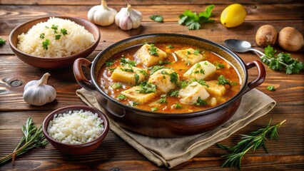 Savory Fish Stew with Aromatic Herbs and Fluffy Rice, a Culinary Delight Served in Rustic Earthenware Bowl