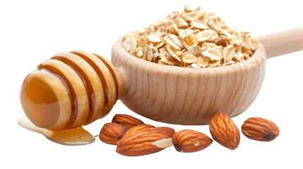 Nutrient-Rich Oatmeal Topped with Nuts and Honey on White Background