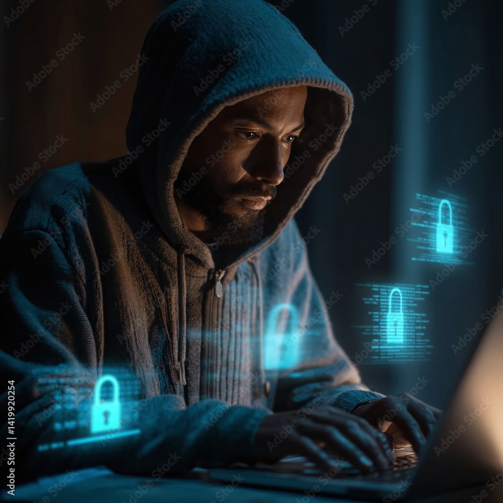 Poster focused individual in a hoodie using a laptop, surrounded by digital security icons in a dimly lit r