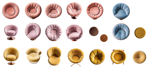 Set of velour designer fashion modern round armchairs pastel pink blue yelow and coral color.with copper or gold base top view, side view. isolated on transparent background. for collages, floor plans