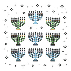 Nine Menorahs Celebrating Hanukkah: A symmetrical array of nine vibrant Menorahs, each with lit candles, arranged with decorative star accents, celebrates the Festival of Lights, and symbolizes hope.