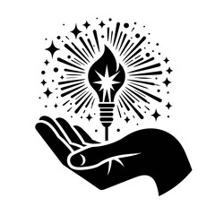 Black silhouette vector of a hand holding a spark, stylized innovation logo on white background