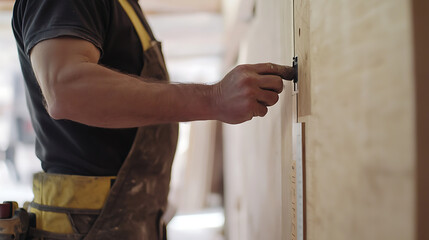 Obraz premium Construction worker measuring wall for electrical wiring installation. Featuring precision and preparation