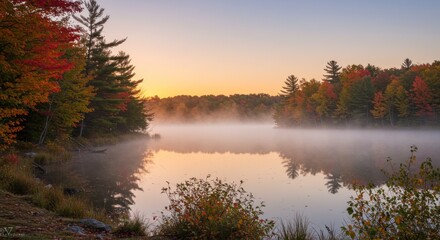 Obraz premium Autumn Mist over Lake - Photo