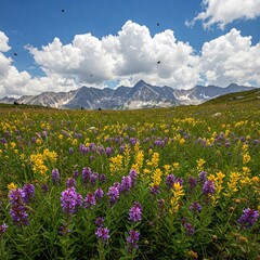 Fototapeta premium High mountain meadow filled with alpine flowers, clouds sweeping across blue sky, bees humming softly between patches of violet and gold.