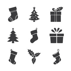 Minimalist Black Christmas Icons – Stocking, Tree, Gift Box & More in Monochrome Vector Design