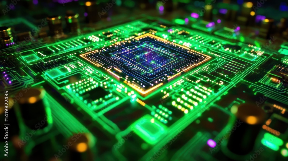 Poster an illuminated and detailed circuit board shows its complex structure