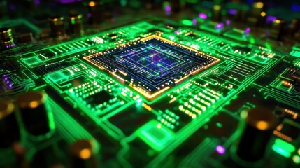 An illuminated and detailed circuit board shows its complex structure