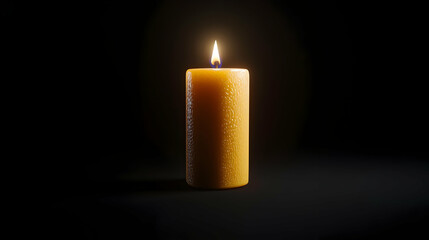 Burning Single Yellow Cylinder Candle Against Dark Background