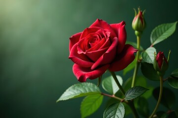 Naklejka premium Crimson rose, lush green foliage, elegant bouquet, elegance, vibrant, red flowers