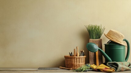 Indoor gardening scene with wate can, hat, planting tools, potted plant, and gardening gloves against a beige wall with natural light