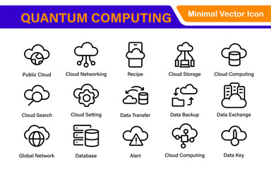 Cloud Computing and Quantum Technology Icon Set – Vector, Outline, Minimal, Line, Illustration – AI, Data Science, Blockchain, Cybersecurity, Neural Network