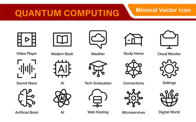 Cloud Computing and Quantum Technology Icon Set – Vector, Outline, Minimal, Line, Illustration – AI, Data Science, Blockchain, Cybersecurity, Neural Network