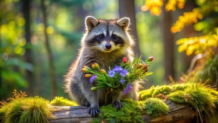 Fototapeta premium A charming raccoon presents a vibrant bouquet of wildflowers, nestled amongst the lush green moss of a sun-dappled forest log
