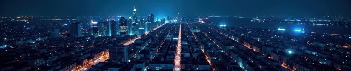 Fototapeta premium Blue lines illuminate cityscape at night Aerial view , high, electric, lights