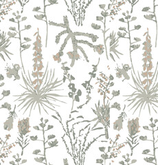 Beautiful floral seamless pattern with watercolor hand drawn summer wild field flowers. Stock illustration.